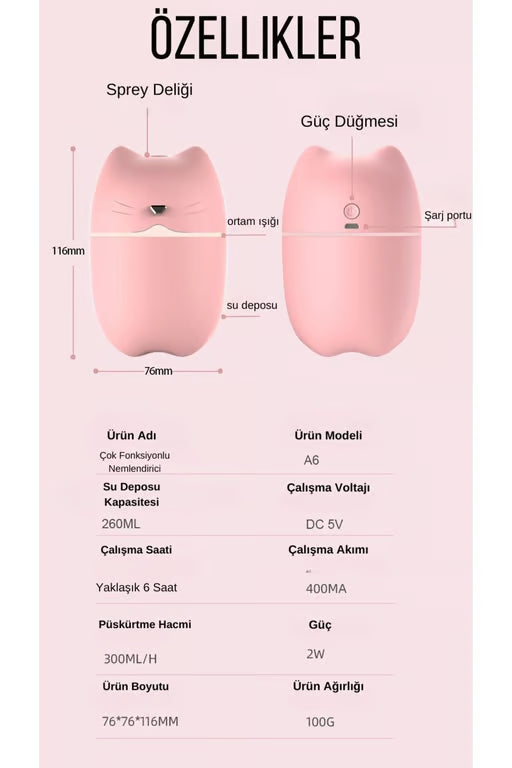 Kedi Şekilli Hava Nemlendirici - Taşınabilir Buhar Makinesi & Aroma Difüzörü (Yeşil)